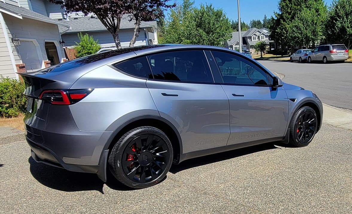 Midnight Silver Tesla Model Y Performance exterior detailing with wax finish in Fort Lee