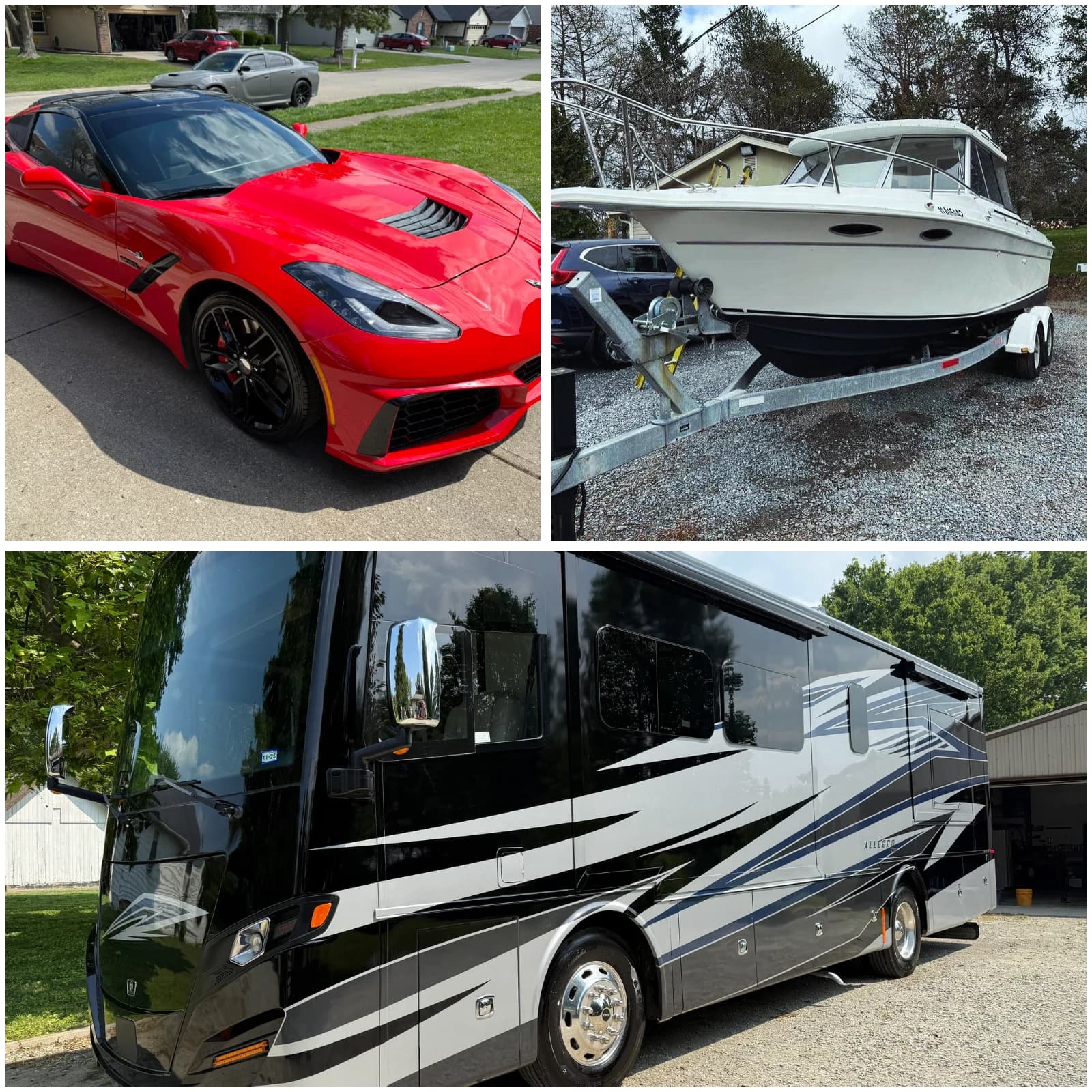 Collage of mobile detailing for cars, boats, RVs, and motorcycles in cities nationwide
